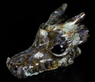 5.  3 " Green Opal Carved Crystal Dragon Skull,  Black Obsidian Eyes,  Crystal Healing