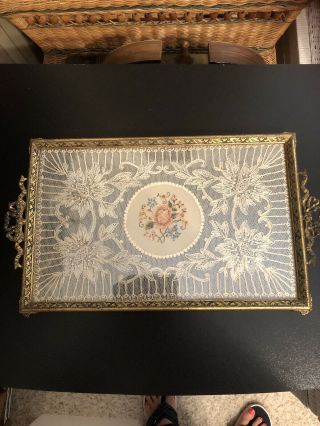 Vintage Brass Footed Dresser Vanity Tray With Lace & Flower Center