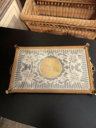 Vintage Brass Footed Dresser Vanity Tray With Lace & Flower Center 6
