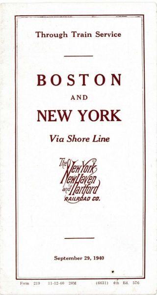 Haven Railroad (nynh&h Rr) Shore Line Passenger Time Table Sept 29,  1940