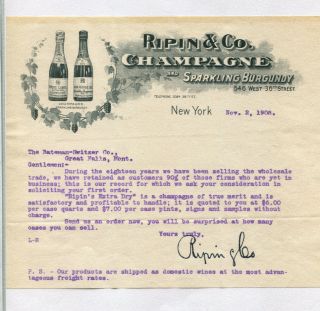 Vintage Illustrated Letterhead Ripin & Co Champagne Sparkling Burgundy Ny 1908