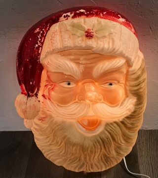17 " Santa Claus Head Face Illuminated Lighted Plastic Blow Mold Vintage Poloron
