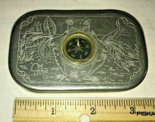 Antique Rose Leaf Chewing Tobacco Flat Pocket Tin Engraved Compass Frog Can Rare