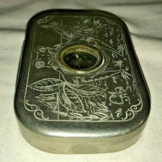 ANTIQUE ROSE LEAF CHEWING TOBACCO FLAT POCKET TIN ENGRAVED COMPASS FROG CAN RARE 4