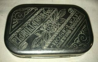 ANTIQUE ROSE LEAF CHEWING TOBACCO FLAT POCKET TIN ENGRAVED COMPASS FROG CAN RARE 5