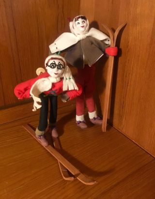 Vintage Rare Napco Christmas Felt Man And Woman Skier With Wooden Skis