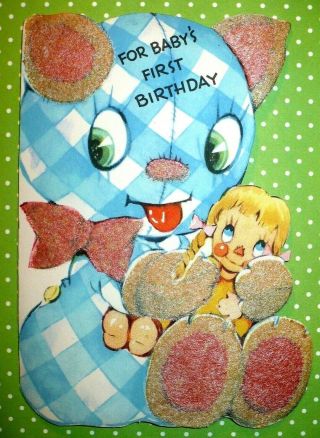 Vintage Baby First Birthday Checkered Flocked Bear W/doll Gibson Card
