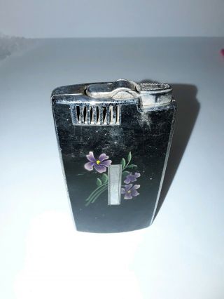 Vtg Art Deco Ladies Ronson Lighter Cigarette Case Violet Flowers On Black Enamel