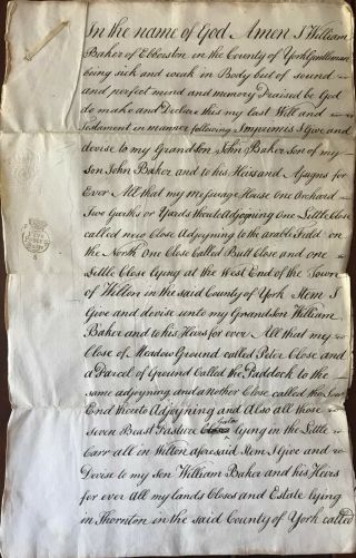 1769 Document King George Iii Era Willl Of William Baker Of Ebberston Yorkshire