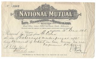 Old Cheque Receipt National Mutual 1918 Melbourne £618 - 4 - 6