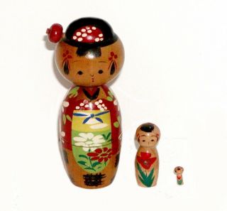 3 Japanese Post Ww2 1950s Mid Century Wood Nodder Kokeshi Nesting Dolls So Cute