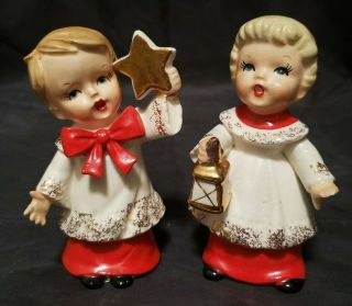 2 Vintage Ucagco Ceramic Christmas Choir Boy Figurines - Japan - 4 " Tall
