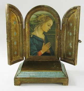 Florentine Madonna Icon Music Box Light Blue Gilt Wood Italian Swiss Movement