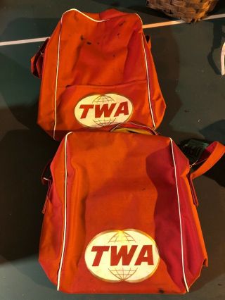 2 Vintage Twa Airlines Red Vinyl Carry On Bag / Travel Bag