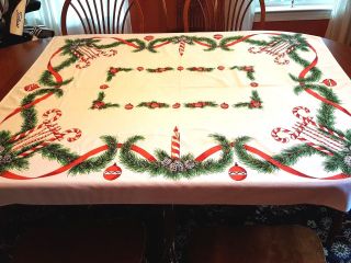 Vintage 1950s Christmas Holiday Tablecloth Candy Canes Ornaments White Cotton