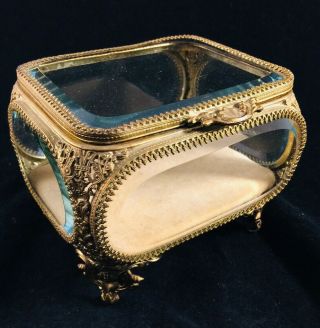 Vtg Mid Century Gold Gilt Ormolu Filigree & Beveled Glass Jewelry Box