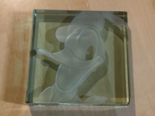Rare Disney Robert Guenther Donald Duck Etched Glass Paperweight.  4” Squ.  X.  75.