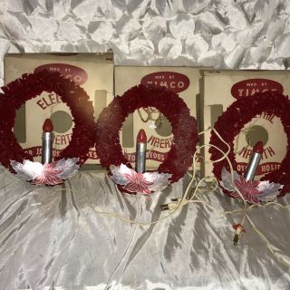 3 Vtg Xmas Timco Cellophant Electric Red Wreaths W Candle Foil W Orig Boxes