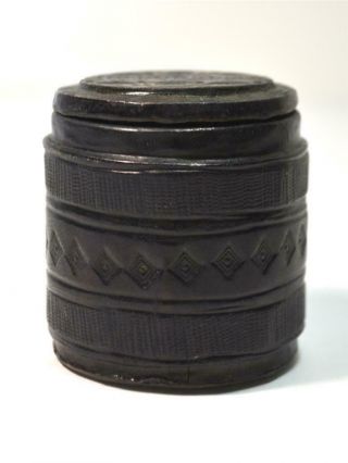 Small Antique Tooled Black Leather Jar W/ Lid Tobacco