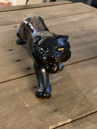 Vintage 12” Ceramic Black Panther Crouching Figurine With Iridescent Finish