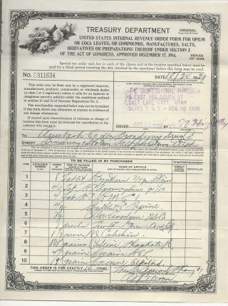 1939 Treasury Department Opium,  Coca Leaves Morphin Pharmaceutical Order Form
