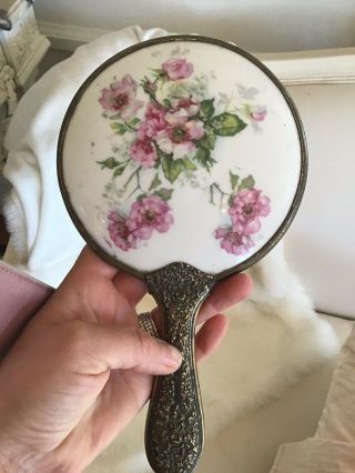 Antique Vtg Porcelain Flower Hand Mirror Victorian Style Old Pink Flowers