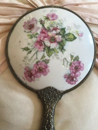 Antique Vtg Porcelain Flower Hand Mirror Victorian Style Old pink flowers 3
