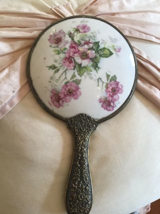 Antique Vtg Porcelain Flower Hand Mirror Victorian Style Old pink flowers 5