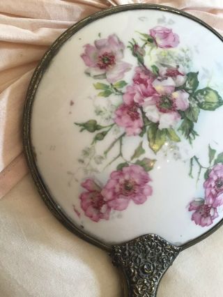 Antique Vtg Porcelain Flower Hand Mirror Victorian Style Old pink flowers 8
