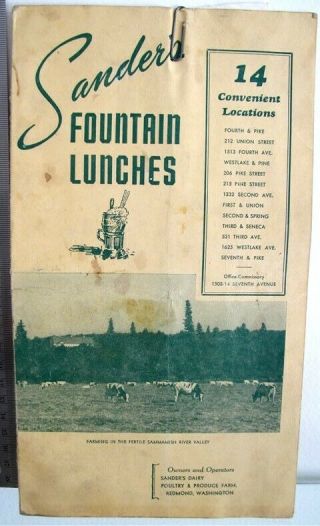 Menu Sanders Fountain Lunches Redmond Washington 10 " Restaurant Menu Ca1940