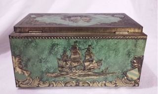 BERING GALLEONS Empty Cigar Box Humidor GREEN METAL TIN Nautical Ship Theme 4