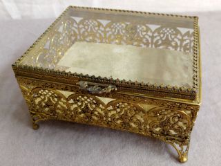 Vintage Vanity Ormolu Brass Filigree Beveled Glass Jewelry Casket Trinket Box