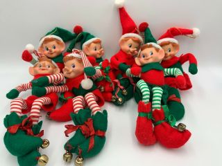 7 Bendable Elves Elf Green Red Felt Striped Bells Christmas Doll Ornament Posed
