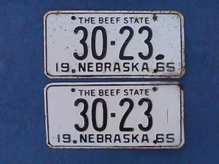 Pair 1965 Nebraska License Plates The Beef State Black White Clay County 30 - 23