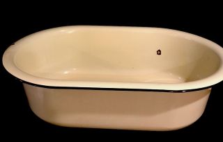 Large Vintage Enamelware Light Yellow With Black Stripe Baby Wash Basin Tub