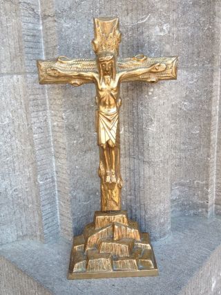 Antique Heavy Church Altar Standing Ornate Bronze Cross Crucifix Jesus Corpus