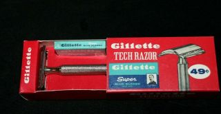Vtg Gillette Tech Razor W/original Box Of Blades Nos Nib