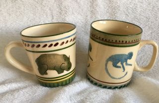 Pair African Zimbabwe Mugs Hippo Monkey Animal Mugs Cups Hand - Painted Signed