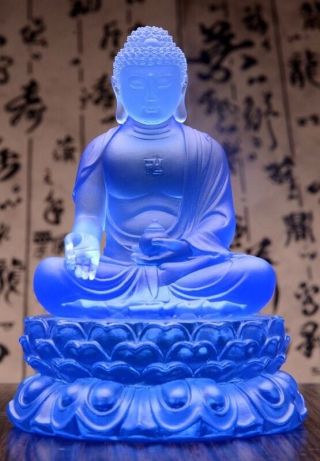 Blue Color Sakyamuni Buddha On Lotus Base Crystal Sculpture Art Glass Statue