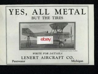 Lenert Aircraft Co Pentwater,  Michigan Yes,  All Metal But The Tires 1928 Ad