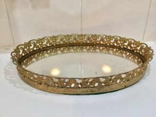 Antique Victorian Gold Gilt Ormolu Oval Mirror Vanity Tray - Cherubs Rim