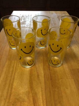 Vintage 1970s Retro Groovy Smile Face Drink Glassware Glasses Set Of 5