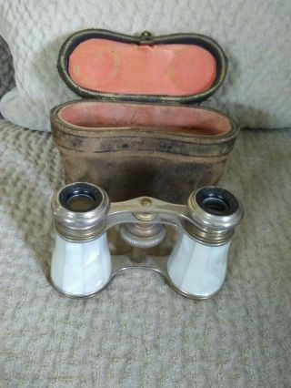 Antique Chevalier Paris Mother Of Pearl Brass Opera Glasses With Case Binoculars