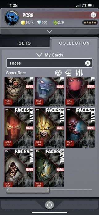 Topps Marvel Collect Card Trader Faces Of Evil Motion 1 - 7 With Award