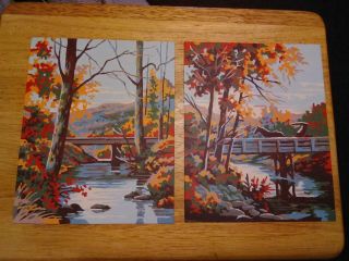 2 Vintage Paint By Numbers Paintings Autumn Scene W/bridge Colorful 8x10 Inches