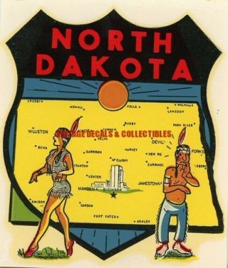 Vintage North Dakota State Indian Impko Souvenir Novelty Travel Water Decal Auto