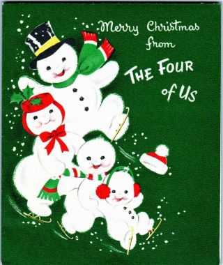 Happy Jolly Snowman Family Snowmen Ice Skates Kid Vtg Christmas Greeting Card