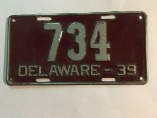 1939 Delaware License Plate Low Number 3 Digit All