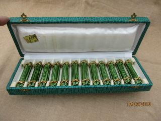 Antique French Majolica Vintage Set Of 12 Green & Gold Ceramic Knife Rests Boxed