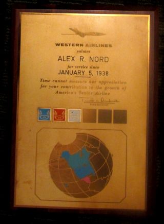 Vintage Western Airlines Service Since 1938 Plaque Award Nord 25 Years Delta